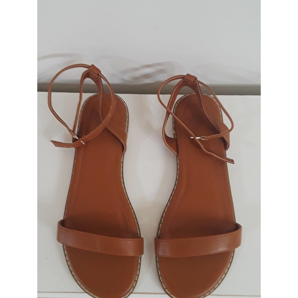 Womens J Crew Saddle Brown Leather Ankle Strap Flat Fall Sandels